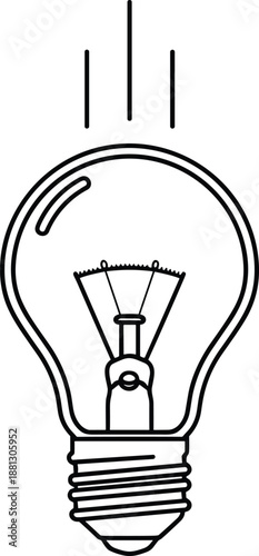 Vector illustration of light bulb icon with motion lines, filament detail, silhouette style, and innovation symbol design element