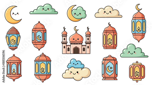 Kawaii Ramadan Islamic Icons: Moon, Mosque, Lanterns, Clouds