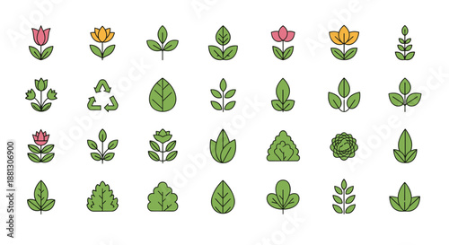 Assorted set of colorful botanical icons including leaves, flowers, and environmental symbols like recycling for eco-friendly design.