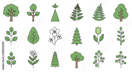Variety of stylized green tree and botanical illustrations including leaves, flowers, and pine trees for environmental themes.