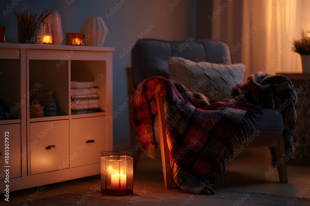 Fototapeta premium Cozy reading nook at home with comfortable chair, soft blanket, and warm lighting in the evening
