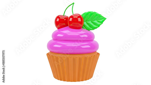 Cartoon Cupcake with Pink Frosting, Cherries, and Leaf
