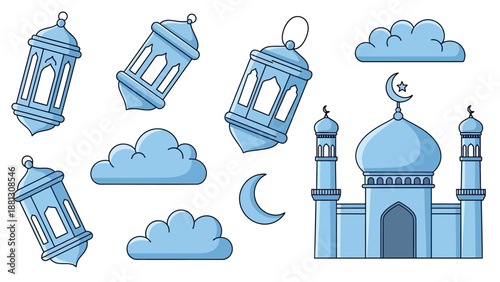 Ramadan Icons: Mosque, Lanterns, Crescent Moon, and Clouds in Blue
