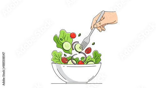 Fresh Garden Salad Ingredients Being Tossed With A Silver Fork In A White Ceramic Bowl For Healthy Eating
