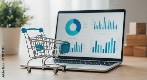 Shopping cart with laptop showing business charts. Ecommerce, digital marketing online courses, business school training on screen. Data analytics, financial report