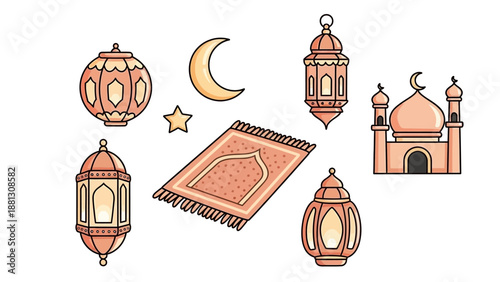 Ramadan Islamic Icons: Lanterns, Mosque, Moon, Prayer Mat, Star