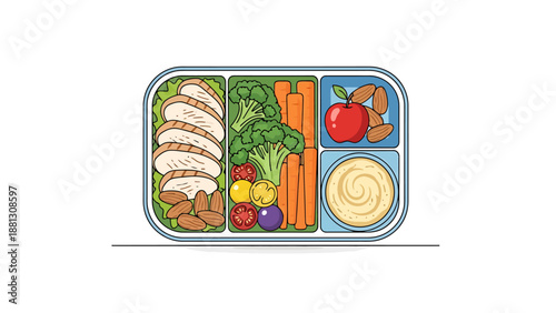 Healthy Lunch Box Bento Meal Packed With Sliced Chicken Breast Fresh Broccoli Carrots Berries Almonds Apple And Hummus Dip For School Or Work