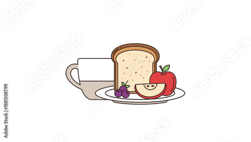 Simple White Plate With Bread Slice Red Apple Pieces Grapes And A Coffee Mug On A White Background For A Healthy Breakfast Concept