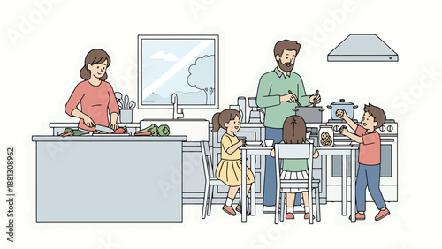 Family cooking together in the kitchen preparing healthy food for dinner sharing happy moments and learning life skills