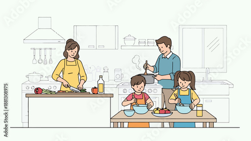 Family Cooking Together In Modern Kitchen Preparing Healthy Meal Enjoying Quality Time Household Activities Homemade Food Preparation Lifestyle