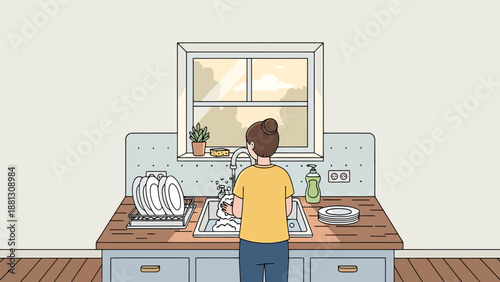 Person washing dishes at kitchen sink with window and plants in background domestic daily chore cleaning home interior scene
