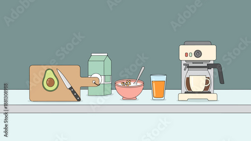 Healthy Morning Meal Preparation Scene Featuring Sliced Avocado Cereal Juice And Coffee Maker For A Nourishing Breakfast Lifestyle