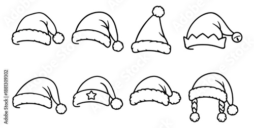 Hand drawn line art christmas hat set featuring classic santa caps, elf hats, and winter headwear for holiday season celebrations