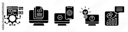 digital production icon set collection, for content development concept with icons digital content, programming, protection, solving technical problems, analytics. simple vector glyph illustration