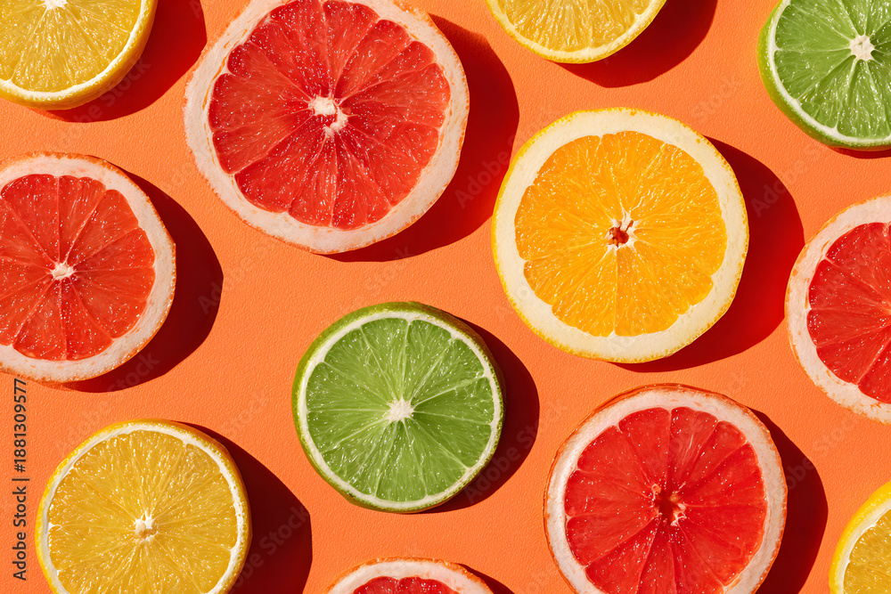 Fototapeta premium Colorful citrus fruits arranged on a bright yellow background for a vibrant summer display