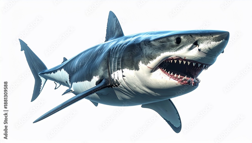 Fototapeta premium A realistic, imposing white shark with open jaws, isolated on a white background