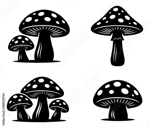 Stylized mushroom set featuring various fungi with spotted caps for nature and forest designs