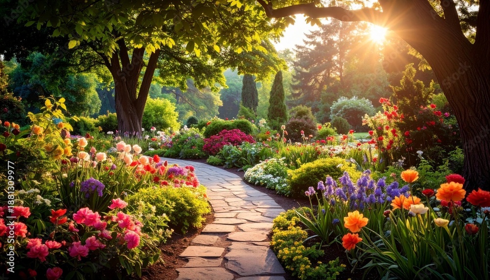 Fototapeta premium Serene Garden Path - A Picturesque View of Blooming Flowers and Lush Greenery.