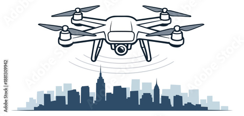 Line art illustration of a drone depicting aerial surveillance over a cityscape for modern technology