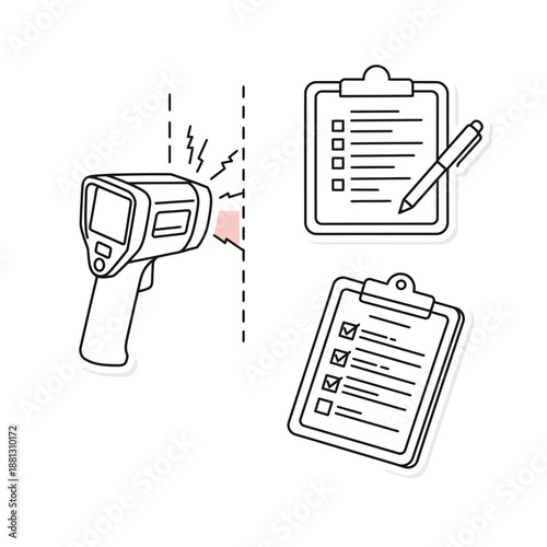 A thermal imaging device scanning for heat is presented with clipboards and checklists, symbolizing thorough inspection, safety, and quality control procedures.