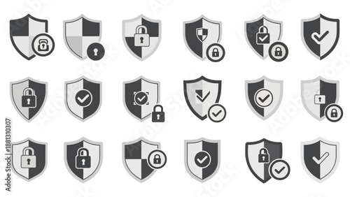 Shield icons with security symbols.