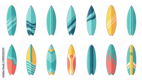 Collection of colorful surfboards on display.