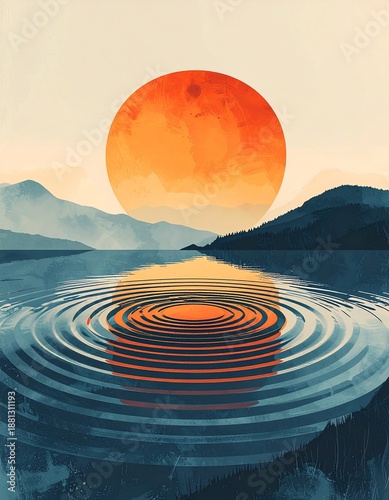 Serene Sunset Reflection - A Tranquil Scene of Water, Mountains, and the Suns Embrace.