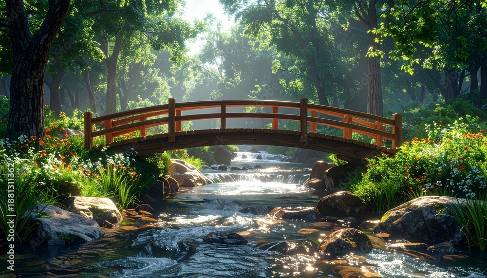 Fototapeta premium Serene Japanese Garden Bridge Over Flowing Stream Amidst Lush Greenery and Sunlight.