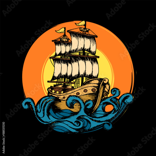 Vintage Sailing Ship Illustration with Ocean Waves and Sunset – Hand Drawn Retro Style