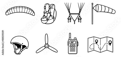 Line art air sports equipment set featuring a paraglider, harness, helmet, radio, and map for outdoor adventure