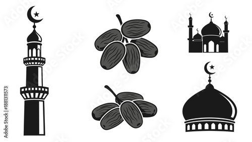 Islamic Symbols and Dates Icon Set: Mosque Silhouette, Minaret, Crescent Moon, Star, and Fruit