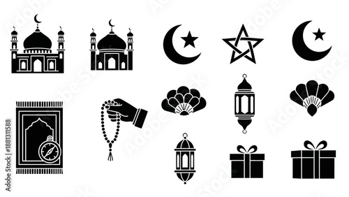 Islamic Symbols and Icons Collection: Mosque, Moon, Star, Prayer Mat, Rosary, Lantern, Gift