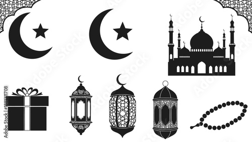 Islamic Symbols Collection: Crescent Moon, Star, Mosque, Lanterns, Gift, Prayer Beads