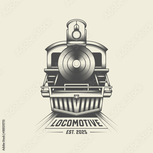 Vintage Steam Locomotive Illustration – Classic Engraved Train Front View