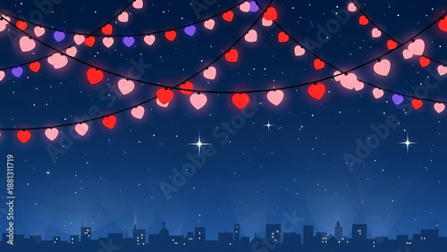 Vibrant graphic illustration featuring a romantic night cityscape with glowing heart string lights, sparkling under a serene starry sky. Ideal for festive backdrops and celebrations