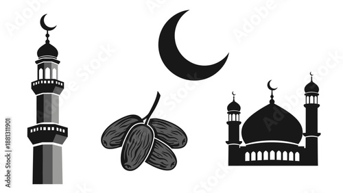 Islamic Symbols: Crescent Moon, Dates, Mosque Silhouette