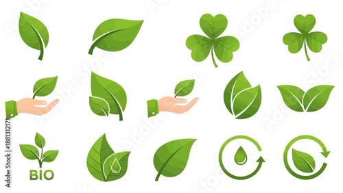 Green leaf icons and eco symbols.