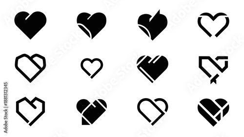 Collection of black heart shapes icons.
