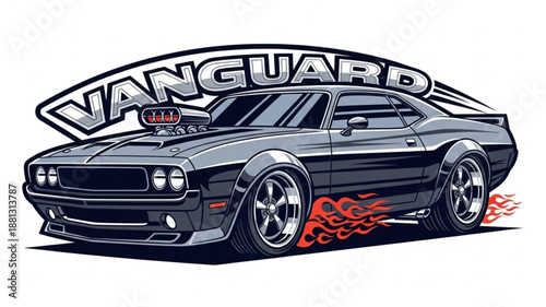 Vanguard Muscle Car with Flames Illustration.