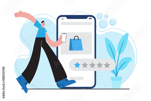 Flat illustration of a man using a mobile shopping app and giving a product rating. Concept of online shopping, customer review, e-commerce, and digital consumer experience.