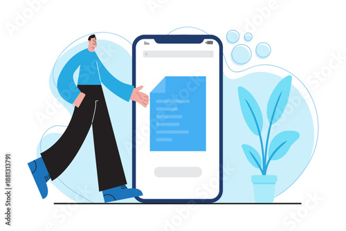 Flat illustration of a man browsing document files on a smartphone screen. Concept of mobile document management, online files, digital workflow, and business technology.