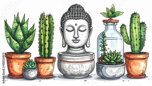 Serene Watercolor Illustration of Buddha Head, Cacti, and Terrarium with Plants in Pots.