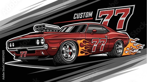 Custom Hot Rod Car with Flames and Number 77.