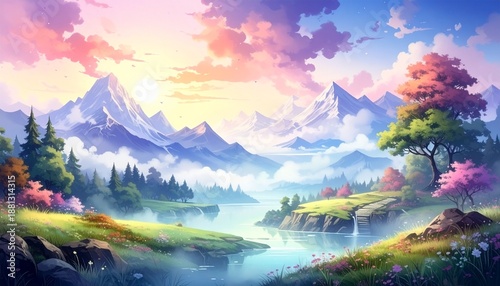 Serene Watercolor Landscape - Majestic Mountains, Tranquil Lake, and Colorful Sky.