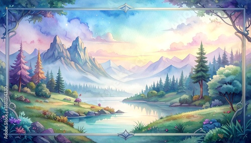Serene Watercolor Landscape - Majestic Mountains, Tranquil River, and Lush Greenery Under a Vibrant Sky.