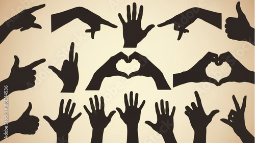 Collection of diverse hand gestures and shadow shapes against a textured background.