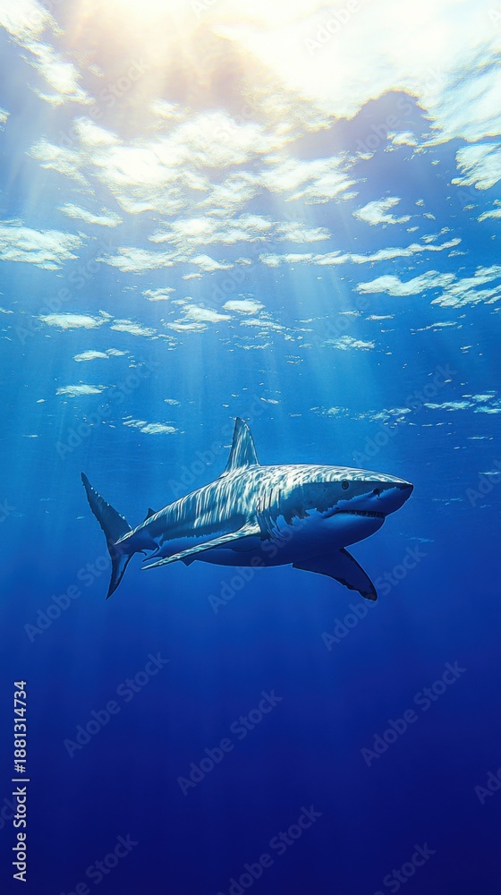 Obraz premium Great White Shark Swims Calmly in Deep Blue Ocean Sunlight