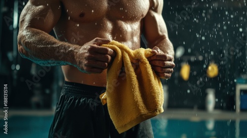 Muscular athlete wiping sweat after intense workout session