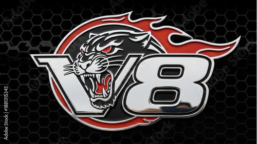 V8 Engine Emblem with Fierce Panther and Flames.