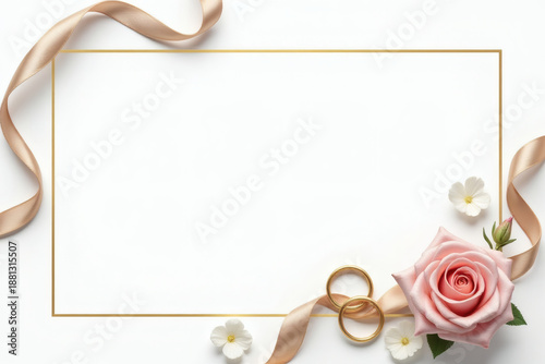Elegant wedding border with gold rings and blush rose arrangement
